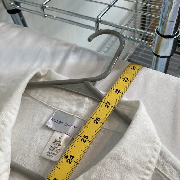 Susan Graver Women's White Linen Embroidered Button Up Shirt Size XL Boxy Boho - Picture 3 of 12